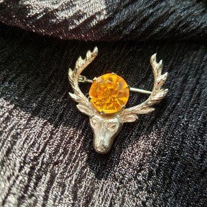 Vintage Sterling Silver Scottish Deer Stag With Orange Crystal Stone Bro…